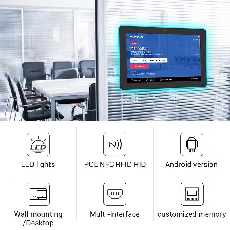 Wall Mount Touch Screen Display Poe Power Surrounding Led Light Bar Meeting Room Android Tablet Pc Booking System