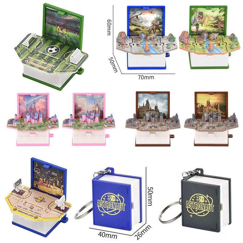 Educational 3d Up Children Printing Up Book Football Mini Book Keychain Popping Up Book For Kids Adult Castle World Key Ring
