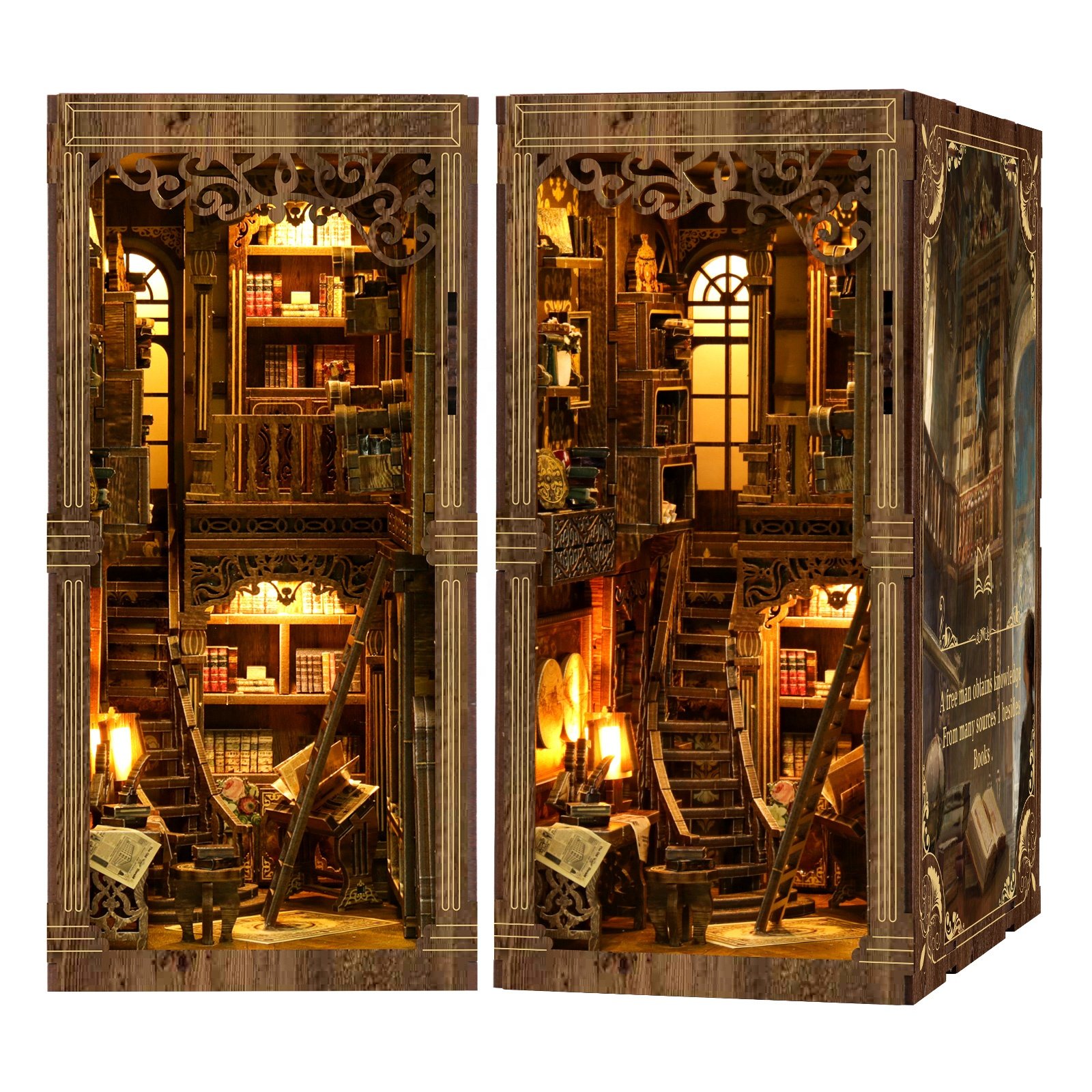 Custom laser cutting miniature library 3d wooden bookend UV printing miniature book shelf model book nook