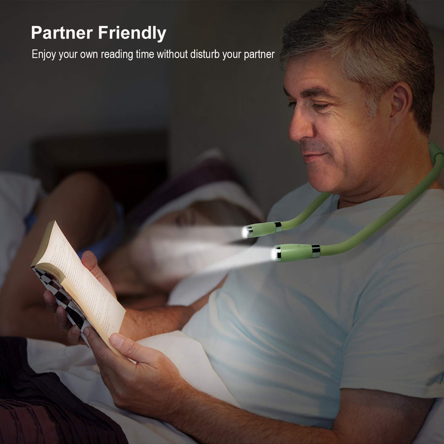 LED Neck Book Light USB Rechargeable 4 Super Bright LED Bulbs 3 Level Brightness Flexible Best Night Light for Reading (Green)