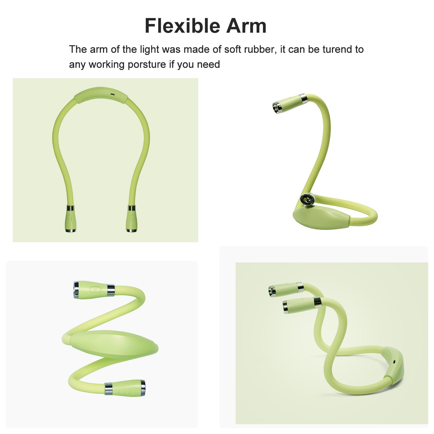 LED Neck Book Light USB Rechargeable 4 Super Bright LED Bulbs 3 Level Brightness Flexible Best Night Light for Reading (Green)