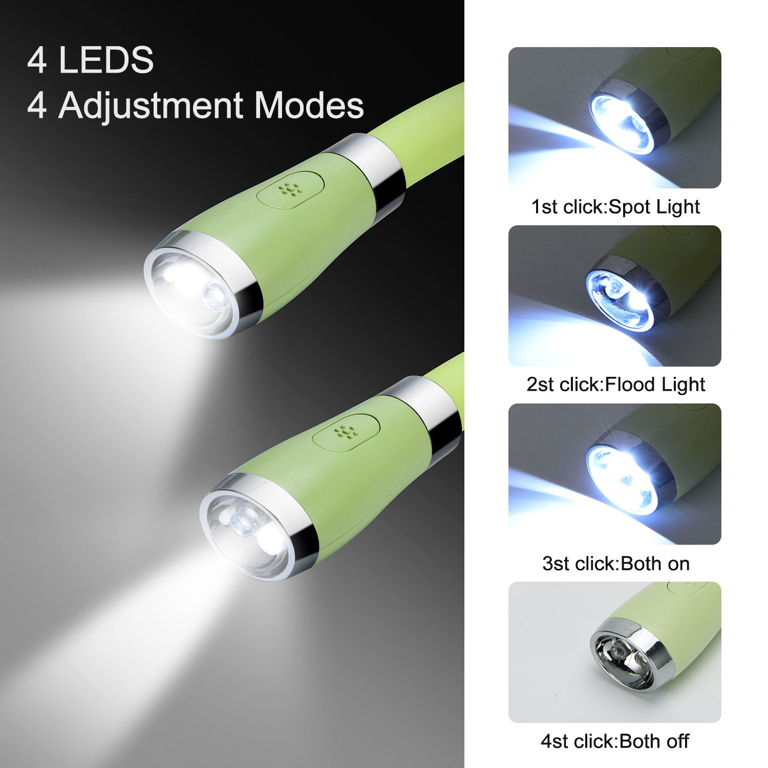 LED Neck Book Light USB Rechargeable 4 Super Bright LED Bulbs 3 Level Brightness Flexible Best Night Light for Reading (Green)