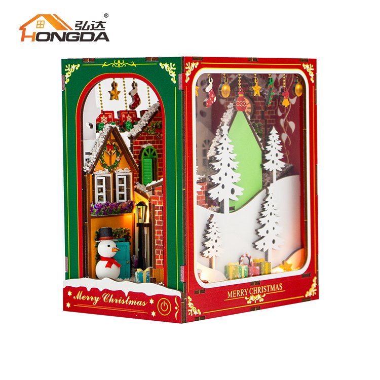 Hongda PC2417 Winter of Christmas Miniature Diy Book Nook Christmas Style Wooden Book Nook Kit With Light