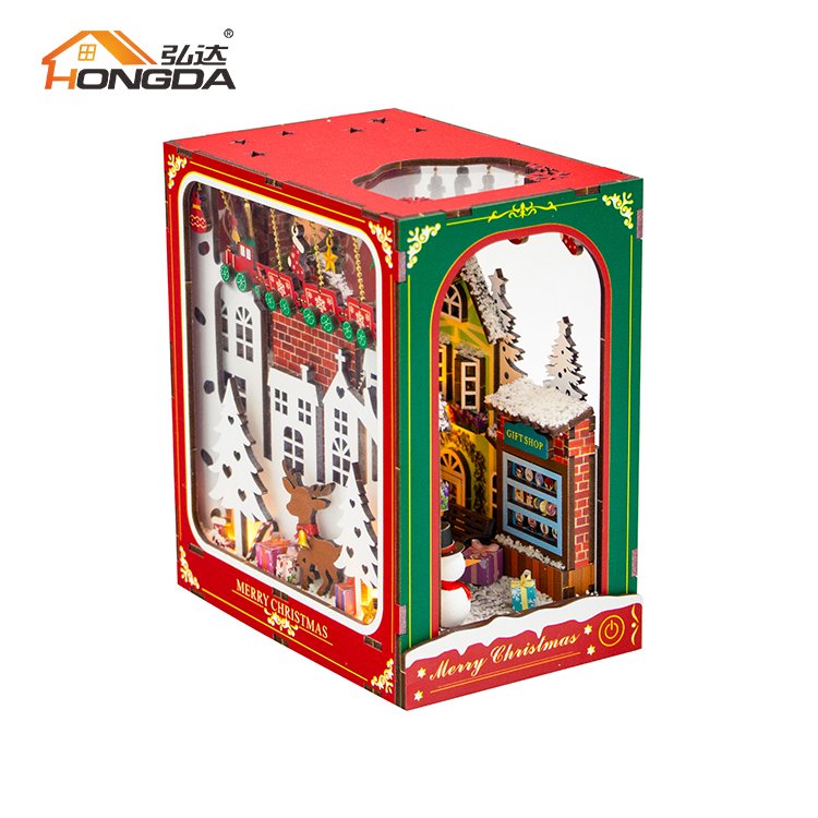 Hongda PC2417 Winter of Christmas Miniature Diy Book Nook Christmas Style Wooden Book Nook Kit With Light