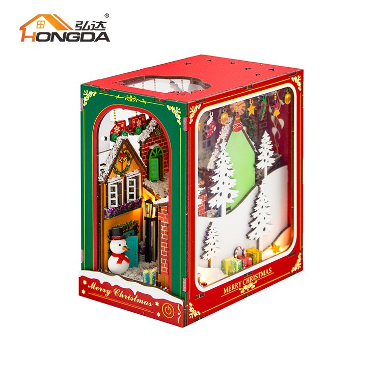 Hongda PC2417 Winter of Christmas Miniature Diy Book Nook Christmas Style Wooden Book Nook Kit With Light
