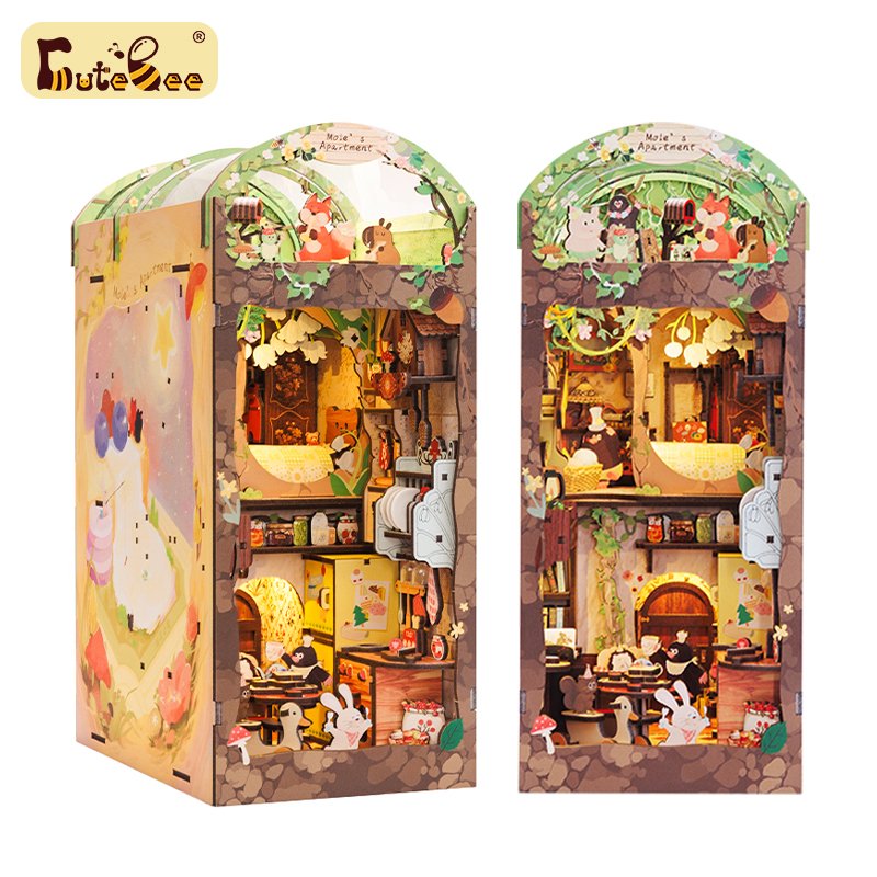 Cutebee 3D Wooden Puzzle DIY Crafts Touch Sensor on Led Light Night Light Mole's Apartment Book Nook