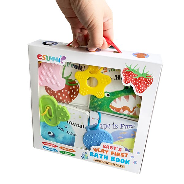 Hot Sale Floating Mini Bath Book with Different Shaped Teether Set Waterproof Cute Bath Book Child Book Printing