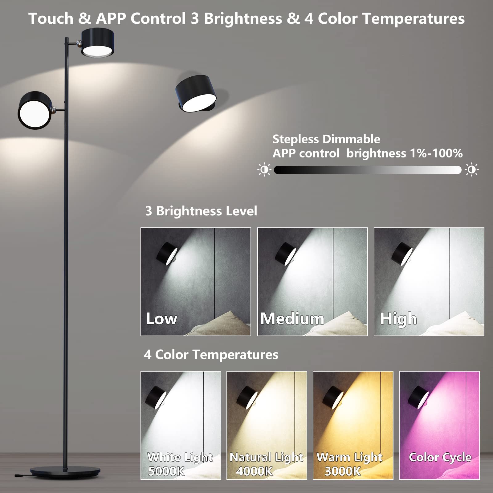 smart RGB rechargeable led floor lamp magnetic removable app touch control stepless dimmable floor lighting