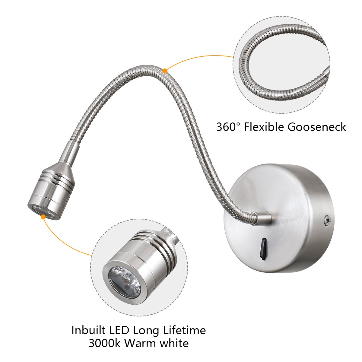 Modern Flexible LED 3W Aluminum Bedside Reading Lamp Adjustable Wall Mounted Lamp Hotel Bed Side Book Light