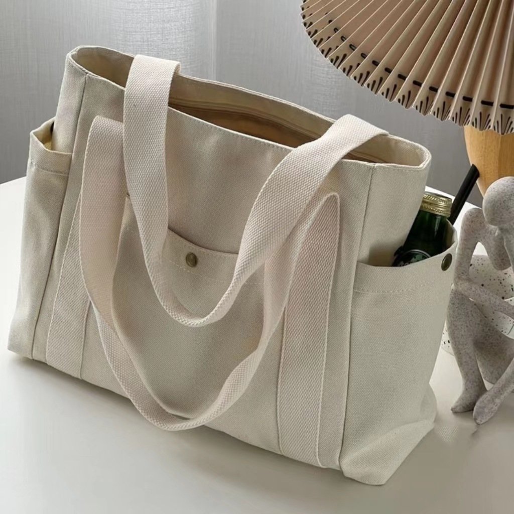 Luxury Woman Tote Bags With Custom Printed Logo Handbag Fashion Tote Cotton Canvas Bag With Pockets