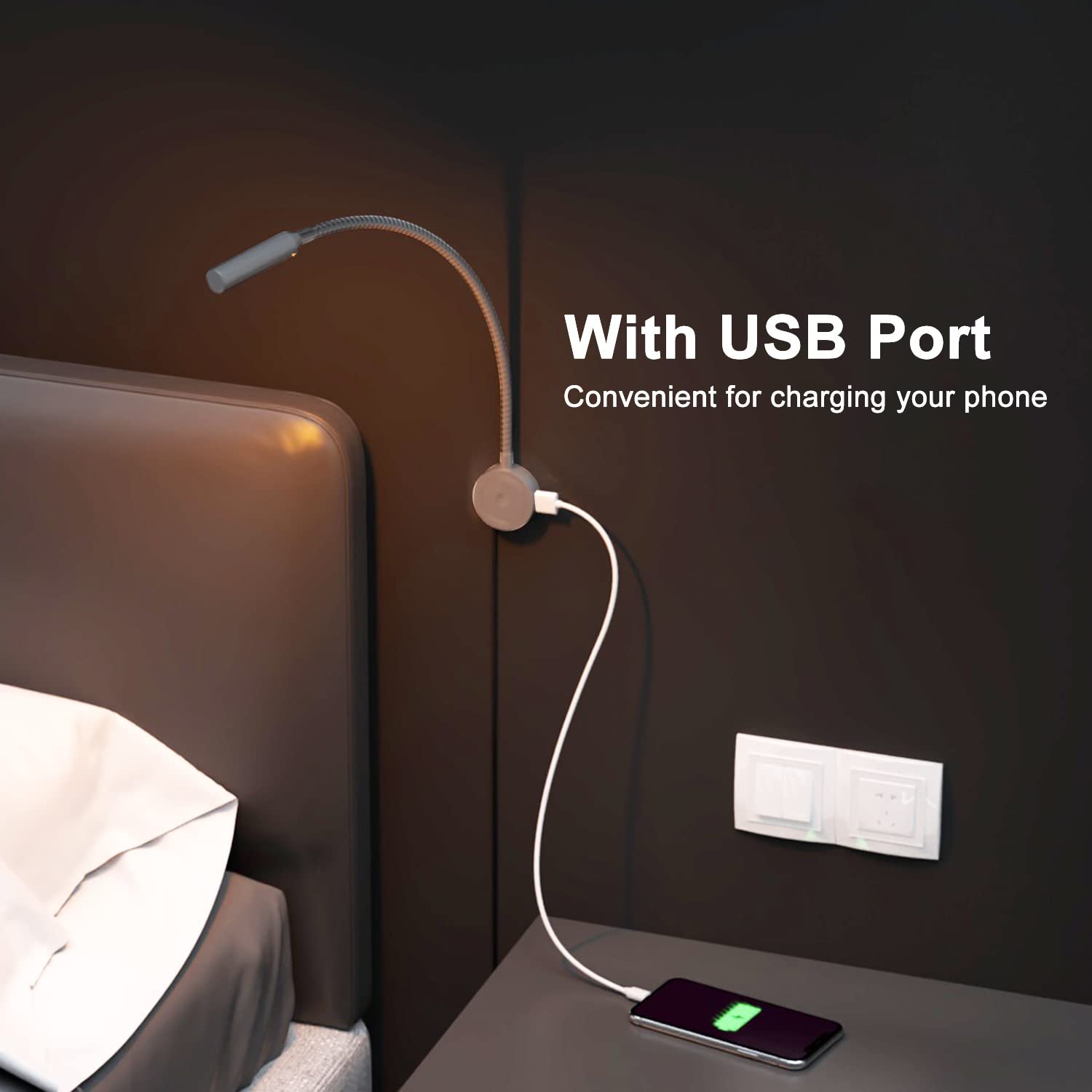 VST Flexible Dimmable LED Book Reading Light LED Gooseneck Reading Light with USB Charging Port