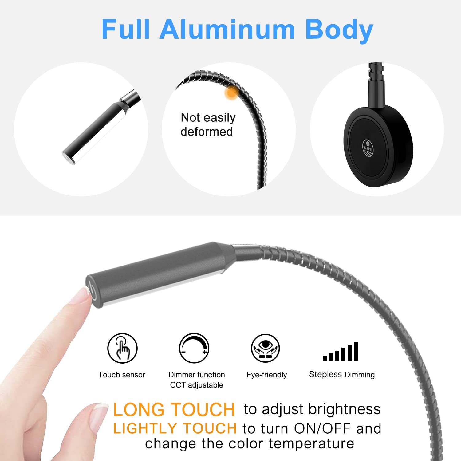 VST Flexible Dimmable LED Book Reading Light LED Gooseneck Reading Light with USB Charging Port