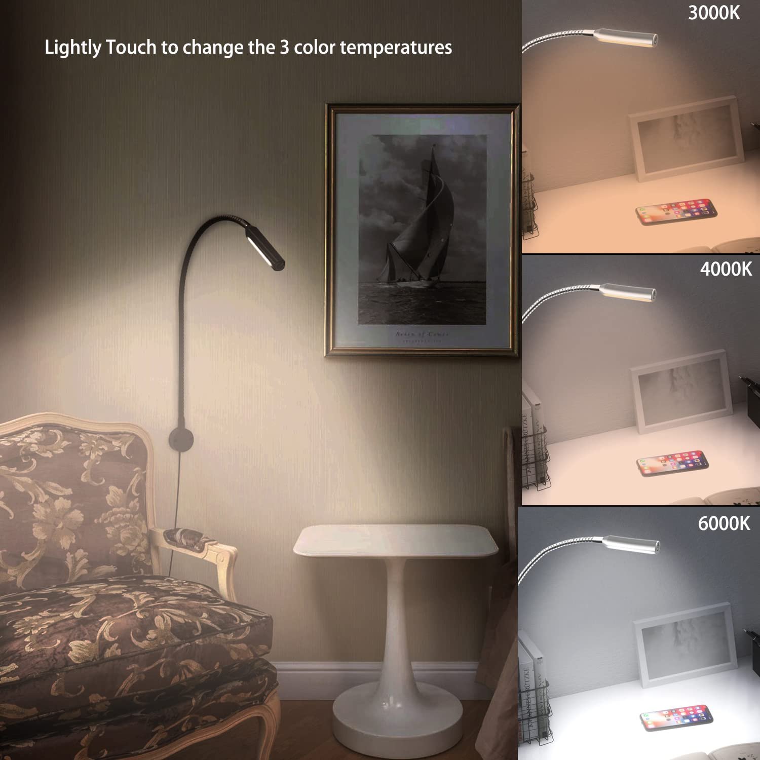 VST Flexible Dimmable LED Book Reading Light LED Gooseneck Reading Light with USB Charging Port