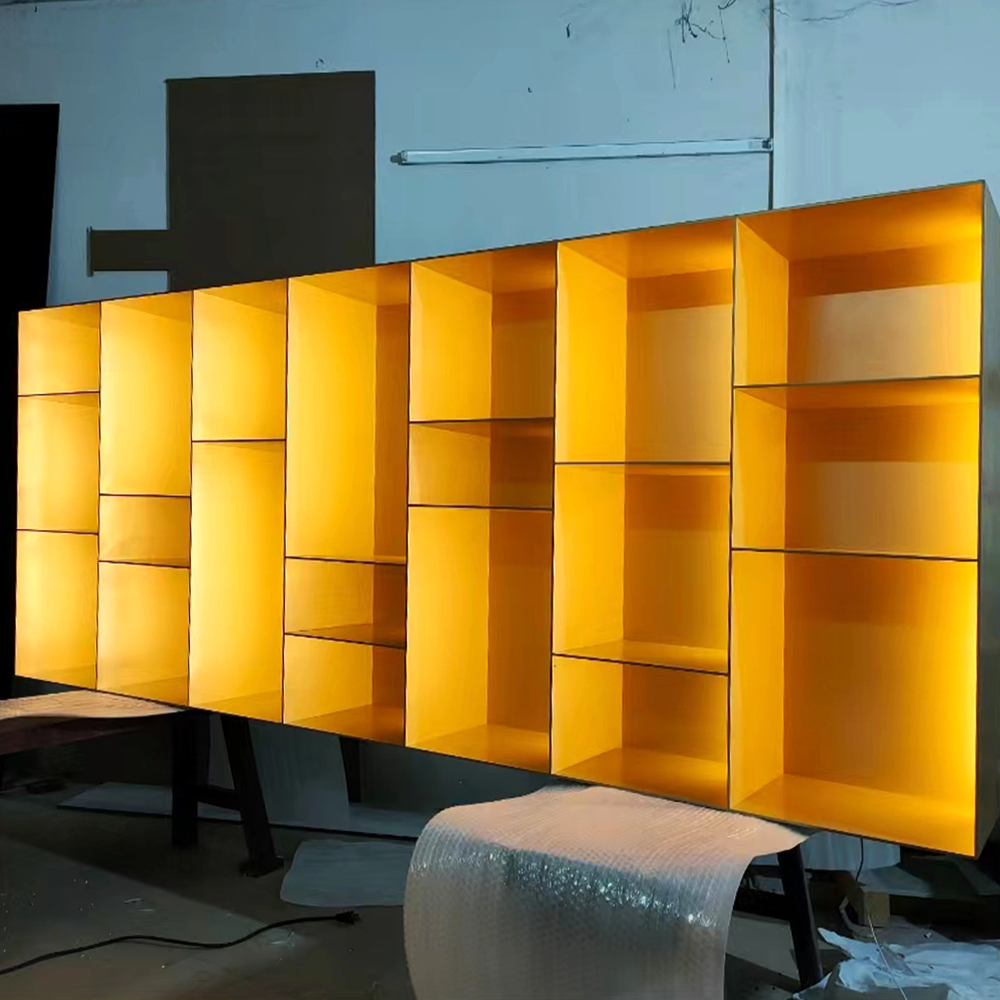 Home Office Luxury Floating Metal Steel Blue Gold Glass Floor Standing Book Shelf For Comic Store Display Wall With Door
