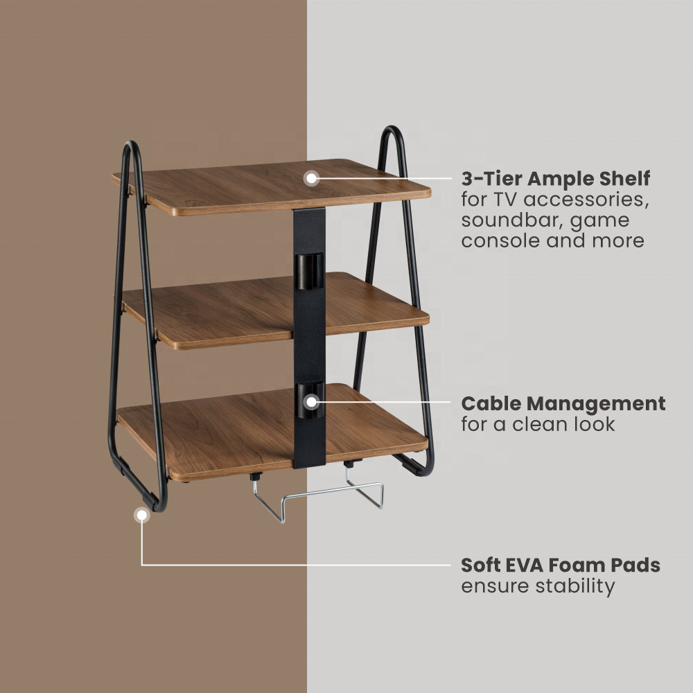 SFR-03 3-Tier Industrial Style Storage Rack AV Media Stand Corner Shelf Wood Shelves for TV Xbox PS5