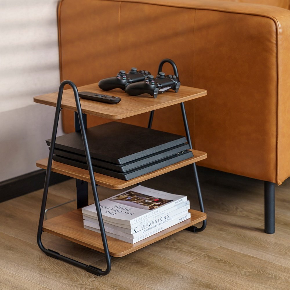 SFR-03 3-Tier Industrial Style Storage Rack AV Media Stand Corner Shelf Wood Shelves for TV Xbox PS5