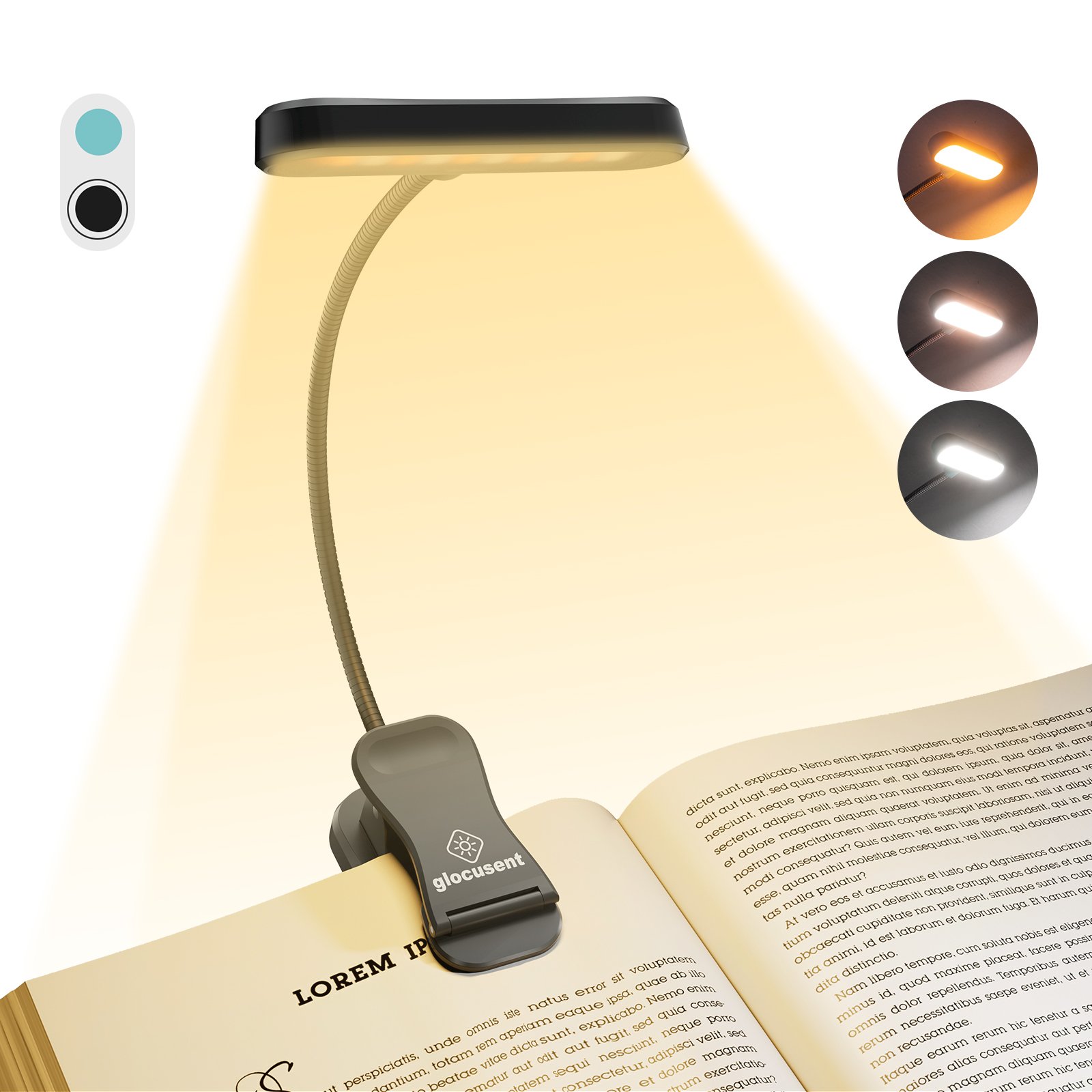 Glocusent Portable Dimmable Amber Flexible Usb Rechargeable Led Clip On Book Light For Reading In Bed