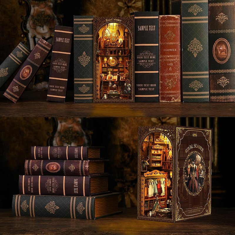 Hot selling MDF book nook kit diy dollhouse Library decoration adult wooden puzzles book nook kit