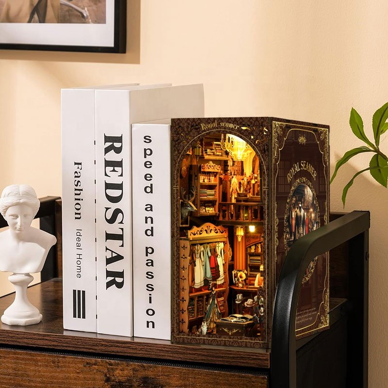 Hot selling MDF book nook kit diy dollhouse Library decoration adult wooden puzzles book nook kit