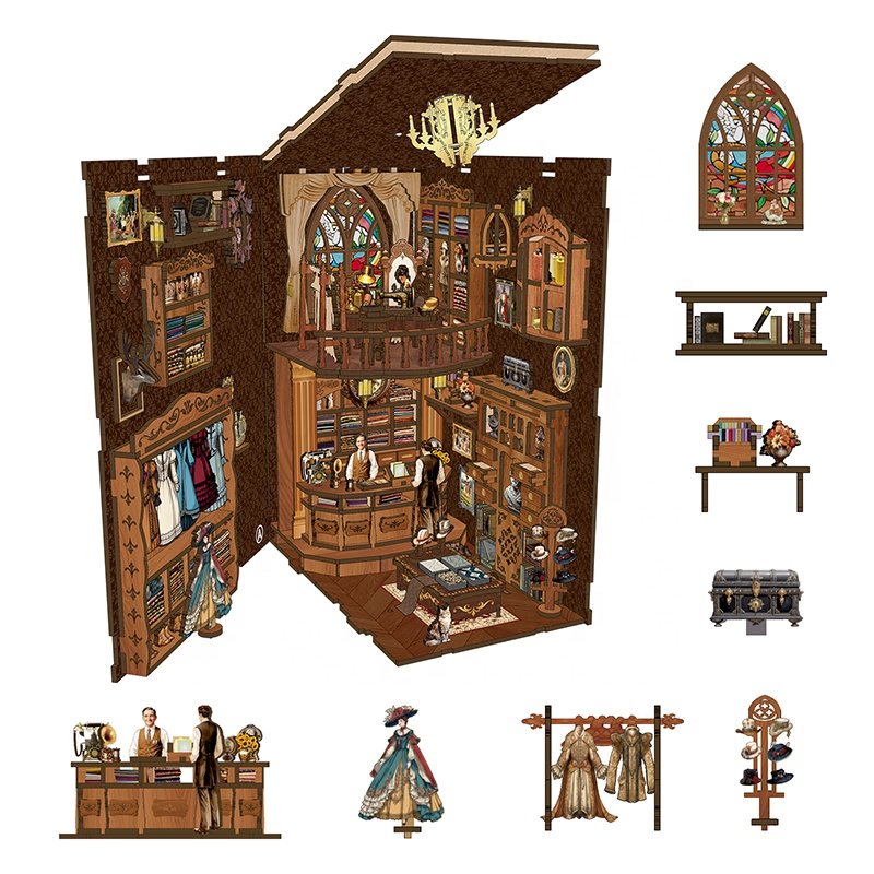 Hot selling MDF book nook kit diy dollhouse Library decoration adult wooden puzzles book nook kit
