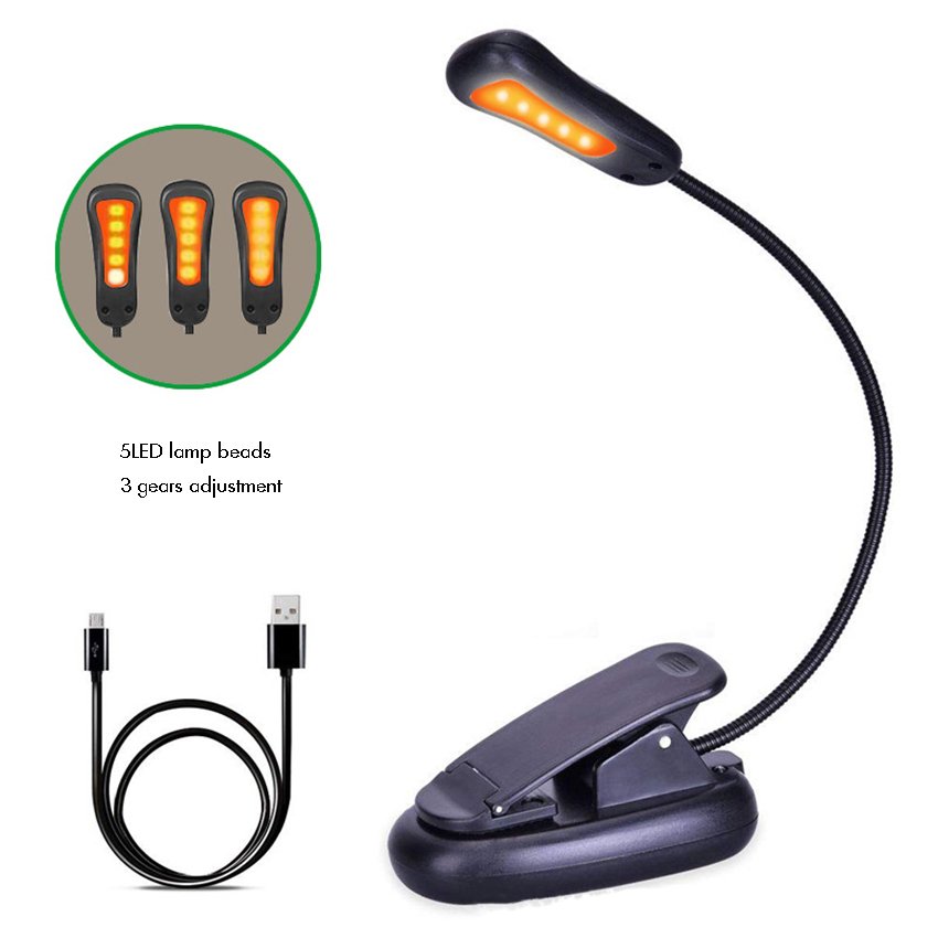 Rechargeable Amber 5 LED Book Light, Music Stand Light, Easy Clip-on Blue Light Blocking Reading Light, 3 Brightness Levels