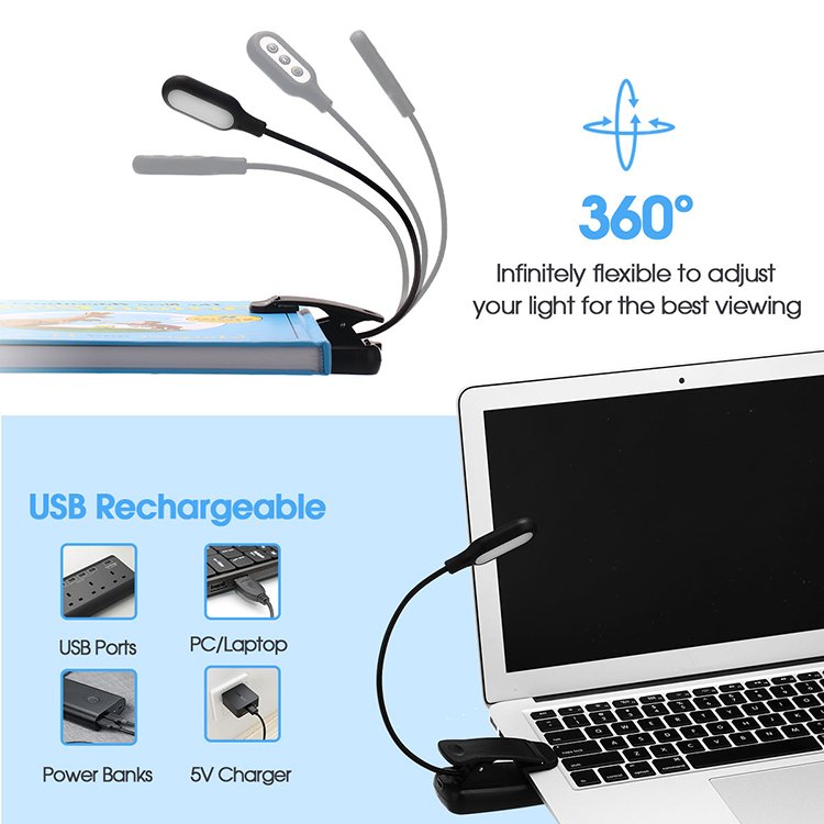 LOHAS Flexible Book Light 5 Modes Clip On Reading Light 3000-6000K USB Rechargeable Kids LED Book Light For Reading In Bed
