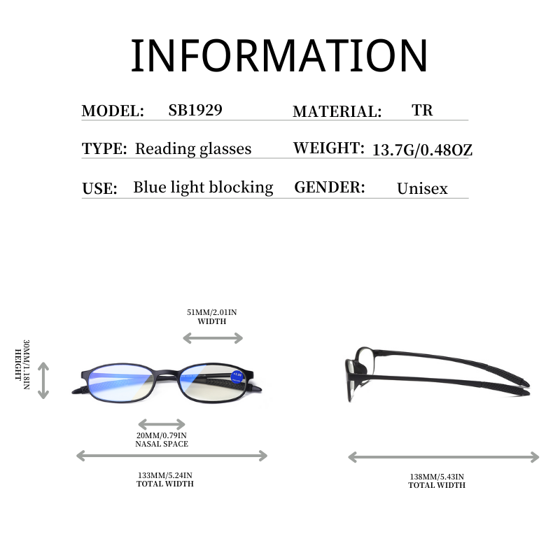 SB1929 1pc True TR Material Squared Frame Blue Light Blocking Presbyopia Unisex 1.0 1.5 2.0 2.5 3.0 3.5 4.0 Reading Glasses