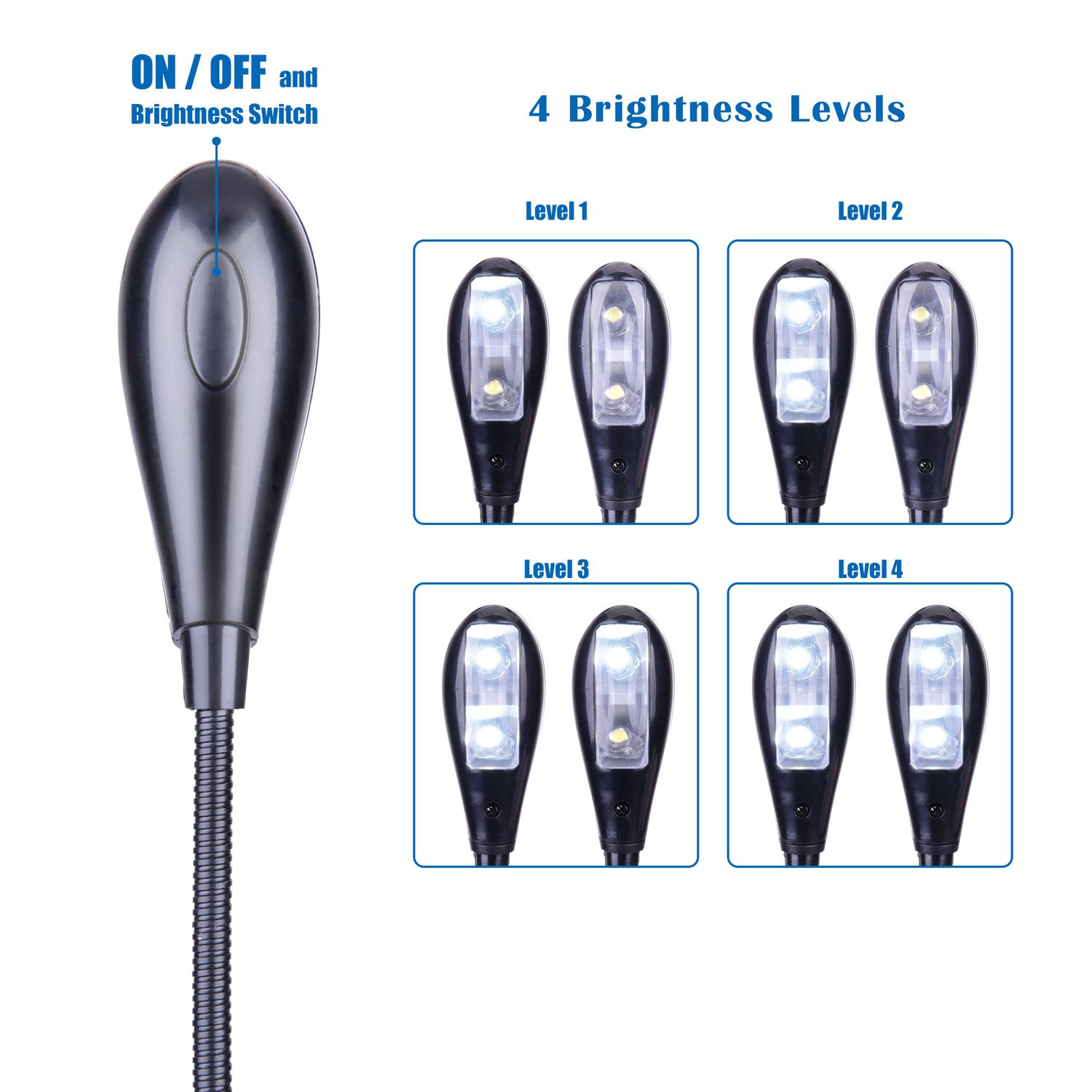 4 Levels Brightness Clip Reading Lights, Book Lights USB and Battery Operated, Portable LED Music Stand Light for Reading Piano