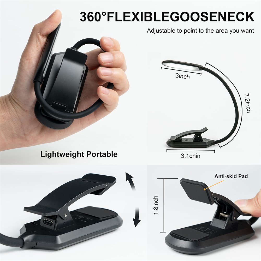 Eye-Caring Clip On LED Book Light Flexible Gooseneck Portable Reading Lamp Rechargeable with Stepless Dimmingfor Bed Kids