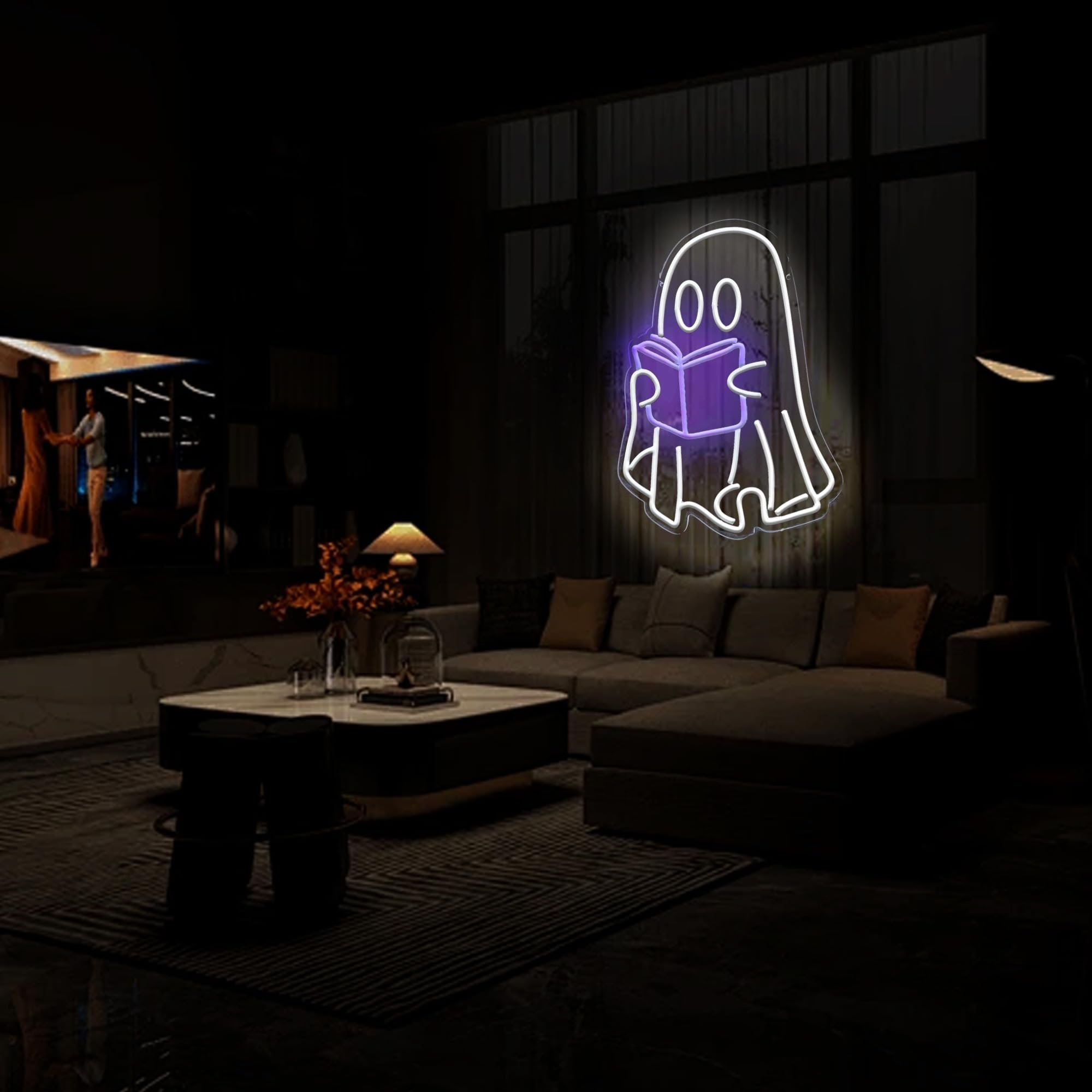 Ghost Reading Book Neon Sign Spooky Wall Decor Signage Suitable for Man Cave Halloween Party Decoration Also Gift for Friends