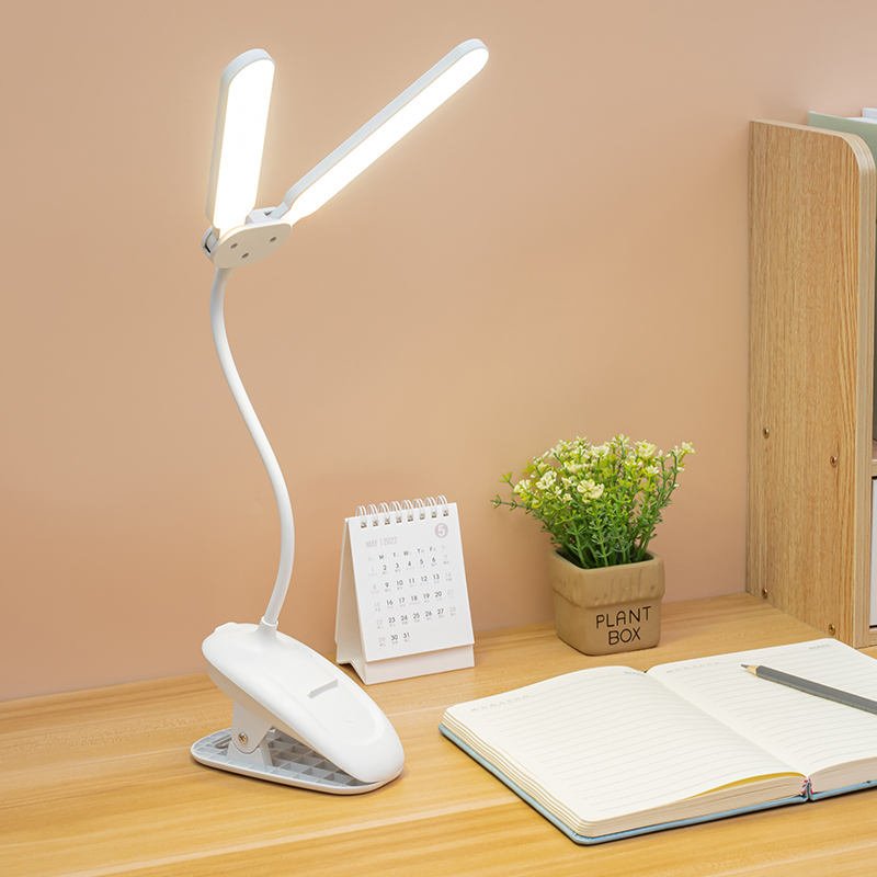 Flexible Neck Clamp Lamp Double Head Table Lamp USB Rechargeable Desk Lamp Dimming Eye Protection Clip Night Light