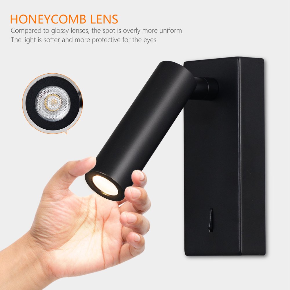 Wall Mounted Reading Light Sconces Lamp Nightlight Books Light Matt Black Finished 3W LED Input 110-240V AC Hardwired