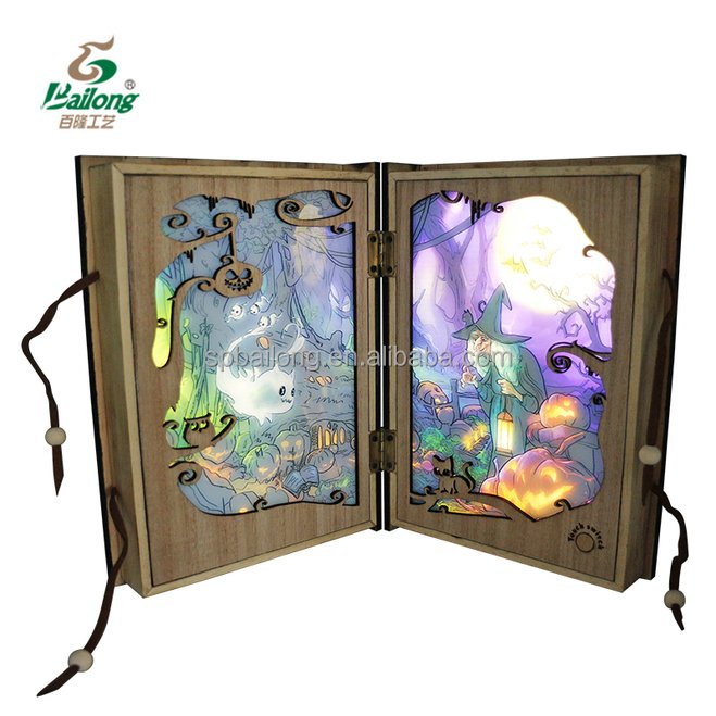 Grimoire shape wooden craft magic book Christmas scene light up LED decoration