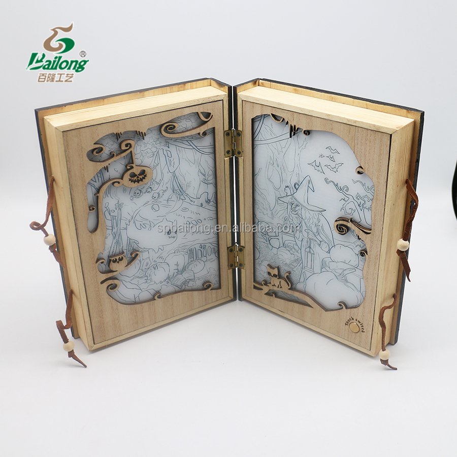 Grimoire shape wooden craft magic book Christmas scene light up LED decoration