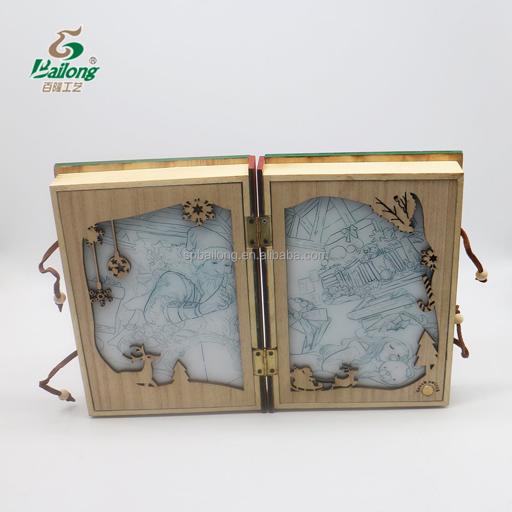 Grimoire shape wooden craft magic book Christmas scene light up LED decoration