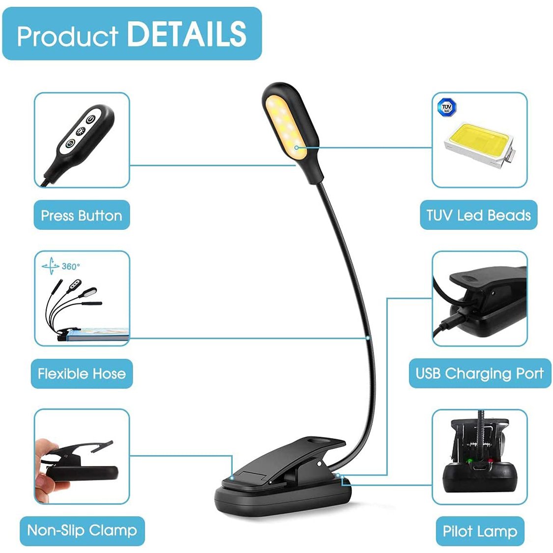 LOHAS LED USB Rechargeable Read Light Mini Portable Led Book Lamp Kids Flexible Clip On Reading Lights for Bedroom