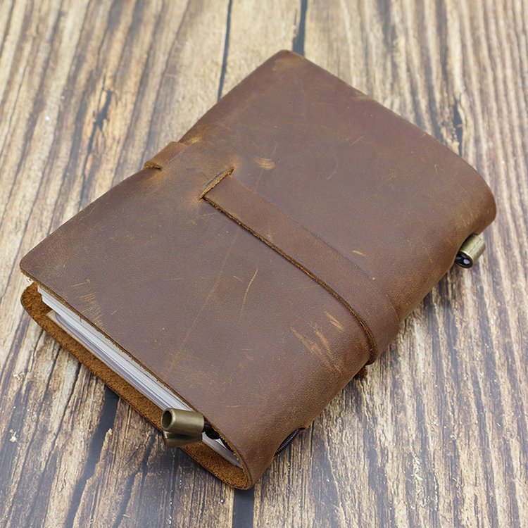 Vintage Leather Cover Bujo Notebook Embossed Crazy Horse Traveller Genuine Leather Journal with Snap