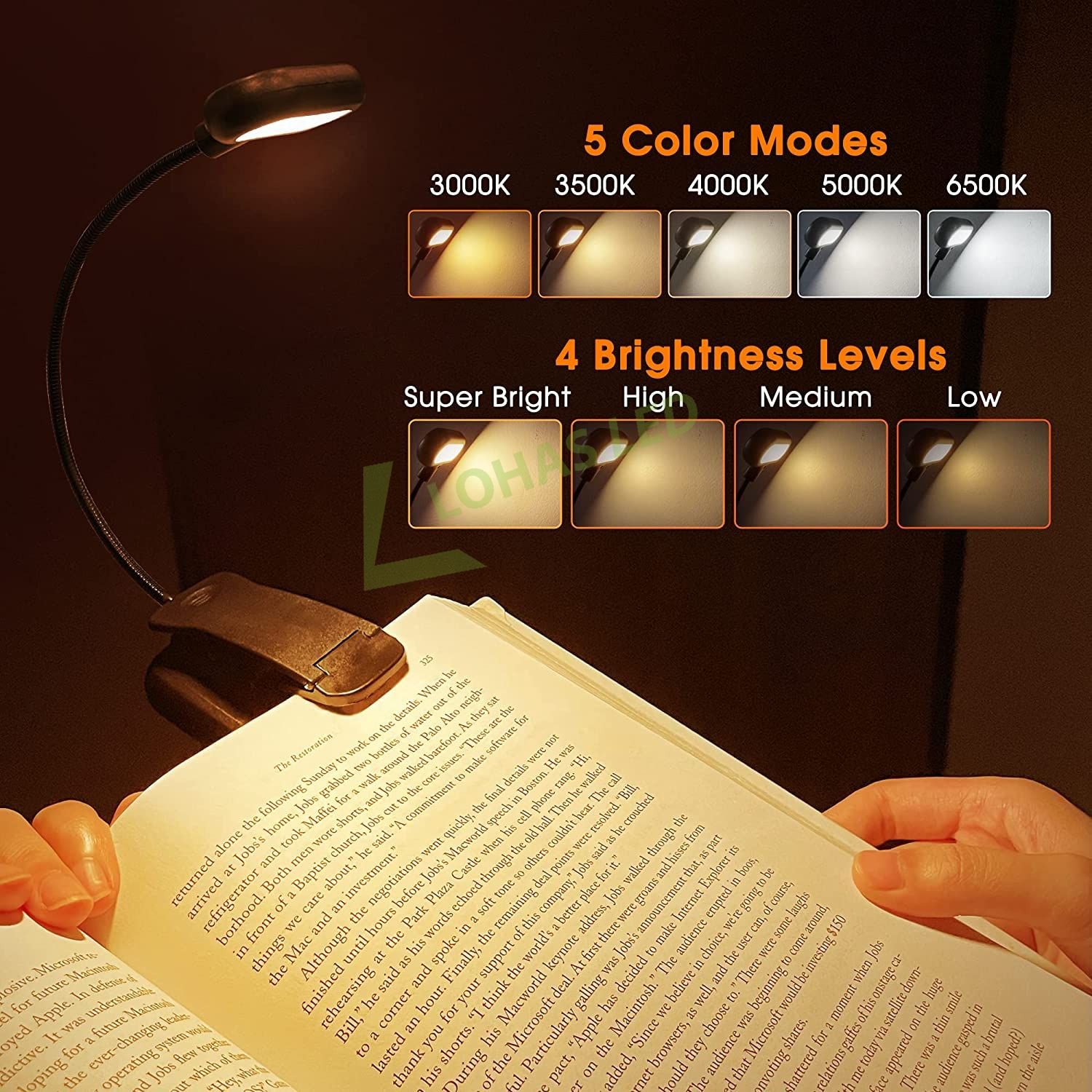 LOHAS LED Flexible USB Rechargeable Read Book Light Clip Dimmable Portable LED Reading Light For Kids Reading in Bed