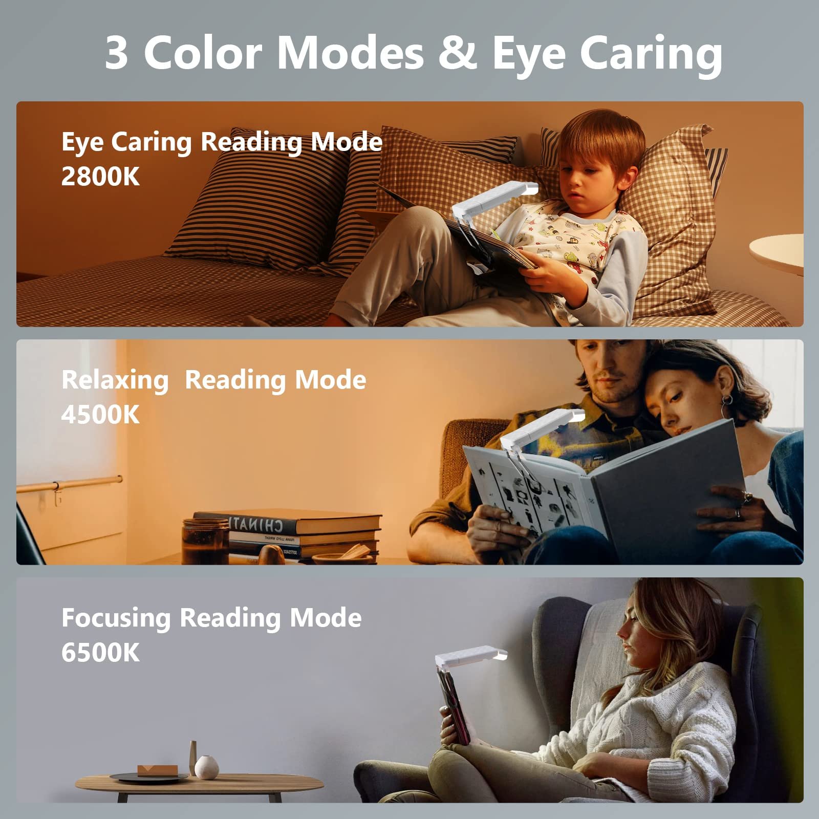 USB Rechargeable Book Light for Reading in Bed, 2023 New 30-min Timer, 3 Colors & 5 Brightness Adjustable f