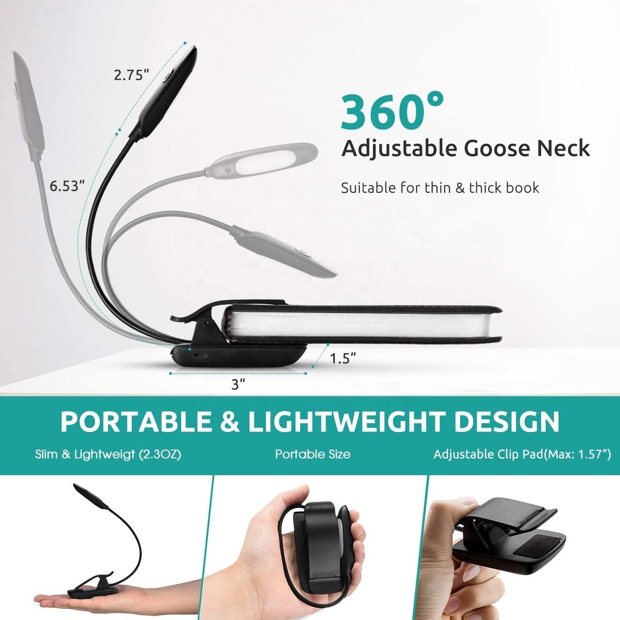 7 LED Reading Book Light with 3 Brightness 3 Color Temperature+USB Rechargeable, Eye Care Lamp with Power Indicator