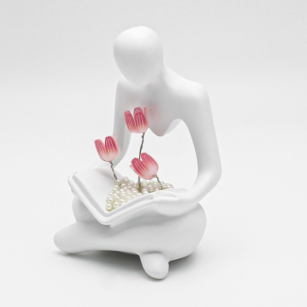 Resin Tulips Battery Powered Thinker Sculptures Lamp Reading Statue with Light up Modern Aesthetic for Bookshelf Home Decor