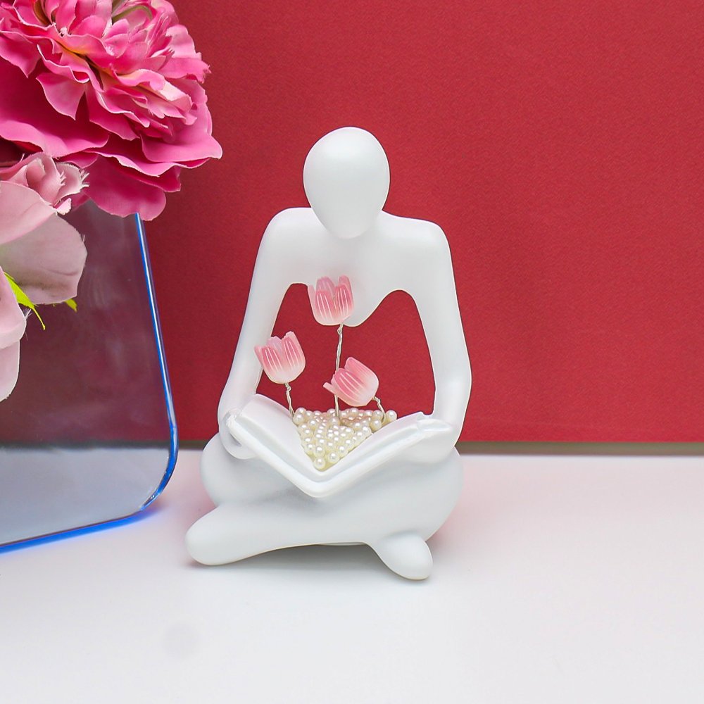 Resin Tulips Battery Powered Thinker Sculptures Lamp Reading Statue with Light up Modern Aesthetic for Bookshelf Home Decor