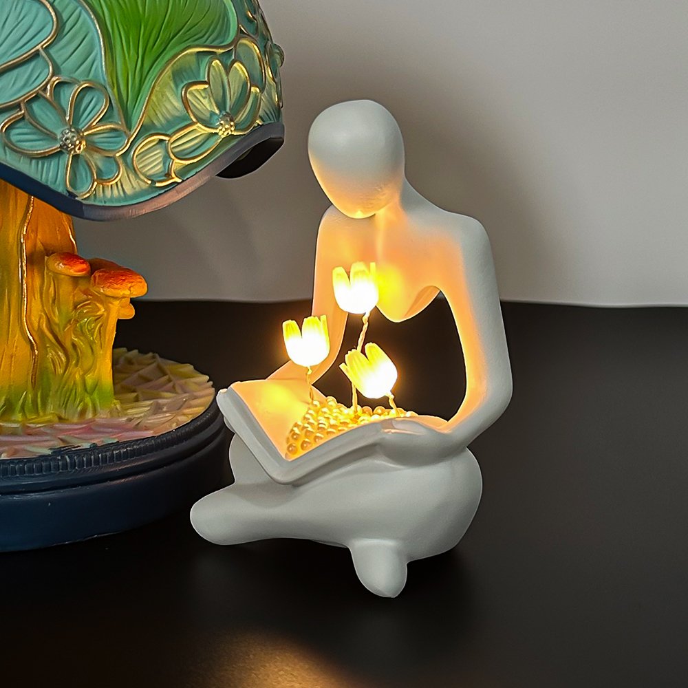 Resin Tulips Battery Powered Thinker Sculptures Lamp Reading Statue with Light up Modern Aesthetic for Bookshelf Home Decor