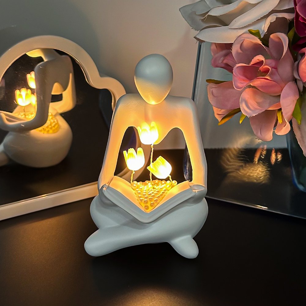 Resin Tulips Battery Powered Thinker Sculptures Lamp Reading Statue with Light up Modern Aesthetic for Bookshelf Home Decor
