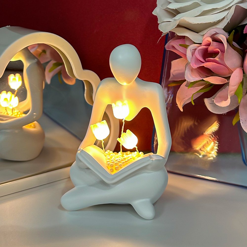 Resin Tulips Battery Powered Thinker Sculptures Lamp Reading Statue with Light up Modern Aesthetic for Bookshelf Home Decor