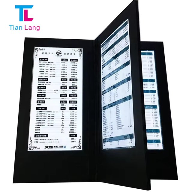 tianlang A4 single page LED illuminated menu for premium restaurants high quality illuminated display menu