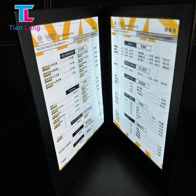 tianlang A4 single page LED illuminated menu for premium restaurants high quality illuminated display menu