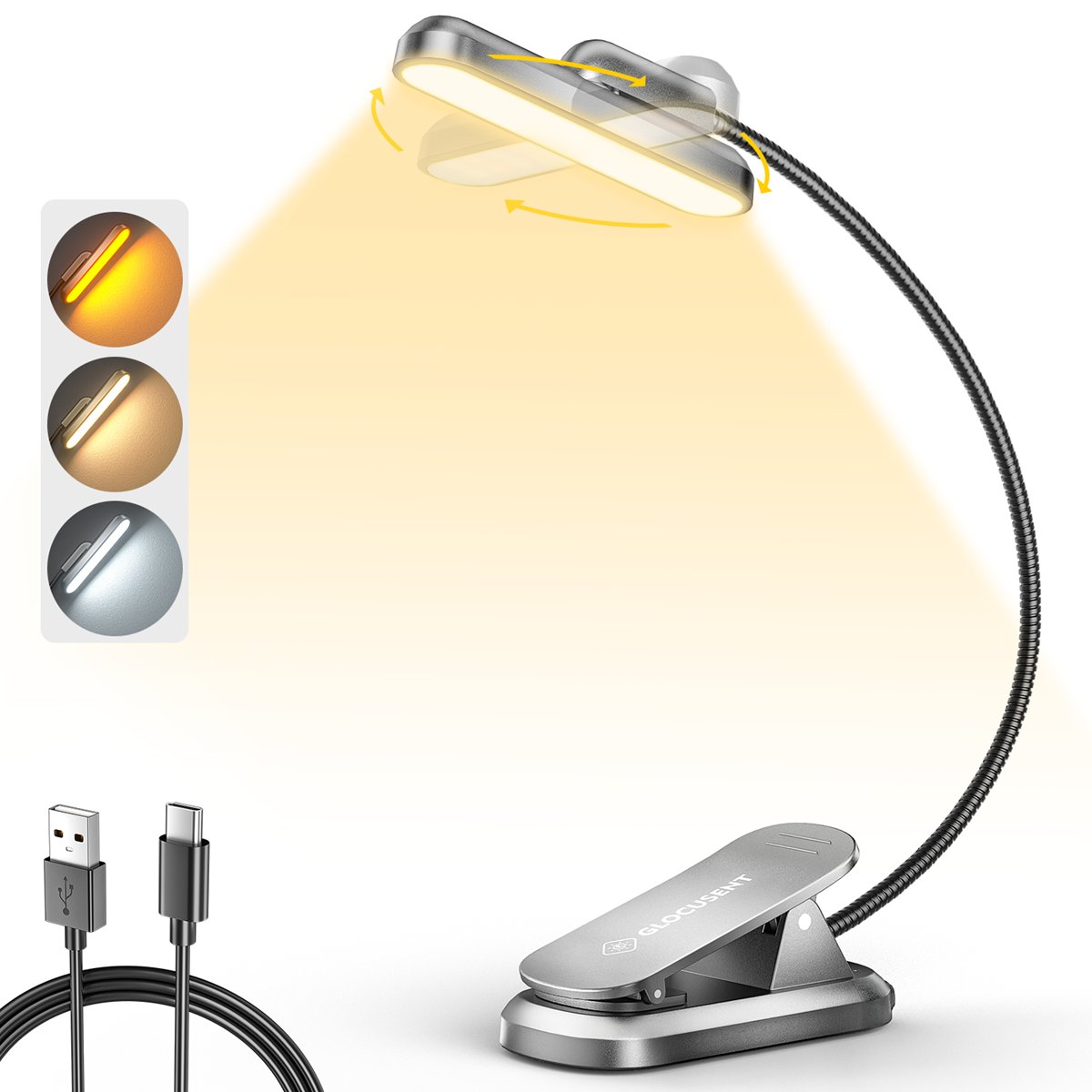 Factory New Design 0 to 340 Degrees Rotatable Light Head Usb Rechargeable Rotatable Book Light