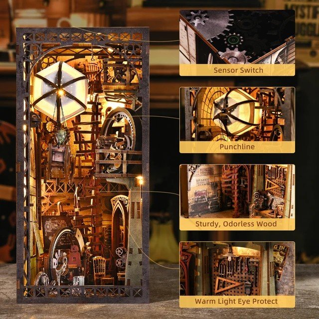 Aslowsnail YM05 Uncle Peter's Warehouse Bookends 3D Book Nook Kit Puzzle DIY Book Nook with LED Light