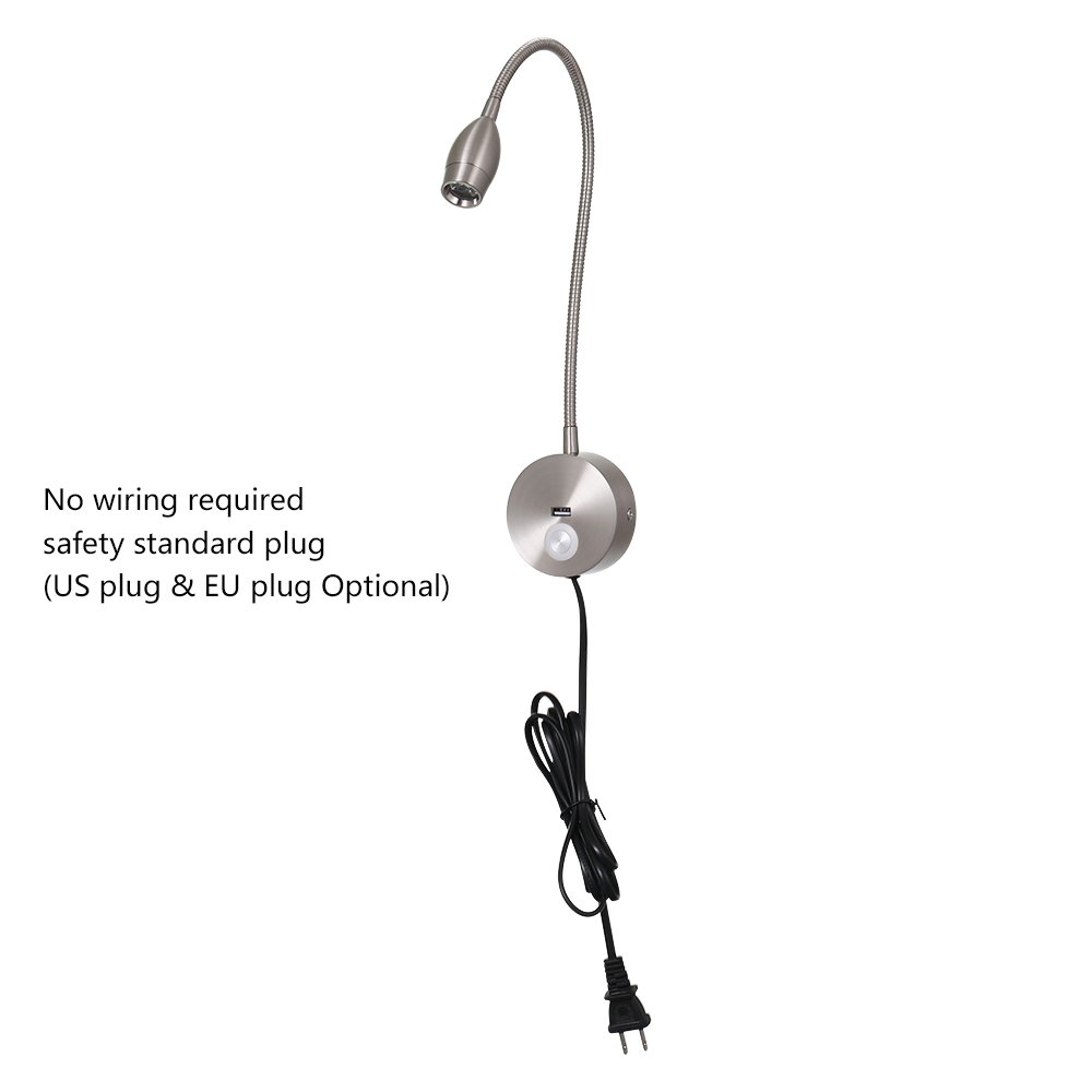 Brushed Nickel LED Hoses Touch Wall Lamp Flexible Home Hotel Bedside Reading Lamp Modern Fashion Book Light With USB Charge Port